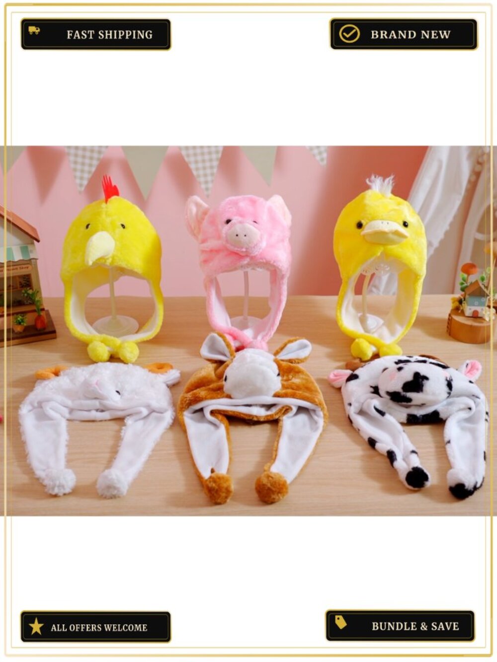 6pc Plush Animal Costume Hats Coral Fleece Earflap Winter Headwear Set - Picture 6 of 6